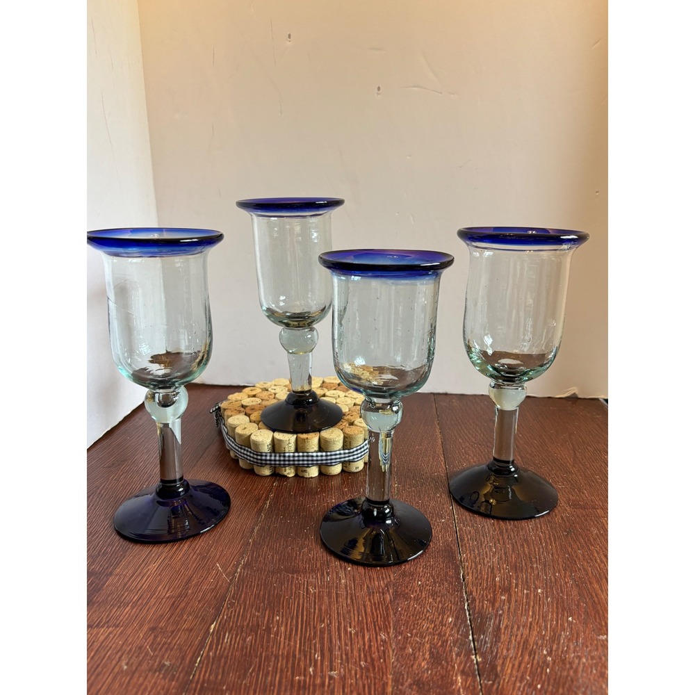 Set‎ of 4 Mexican Mouth Blown Wine Glasses Cobalt Blue Rim and Base Handcrafted